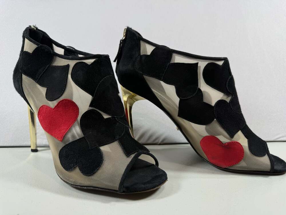 Diane von Furstenberg Black and Red Heart Suede Mesh Peep Toe Stiletto Heels Siz